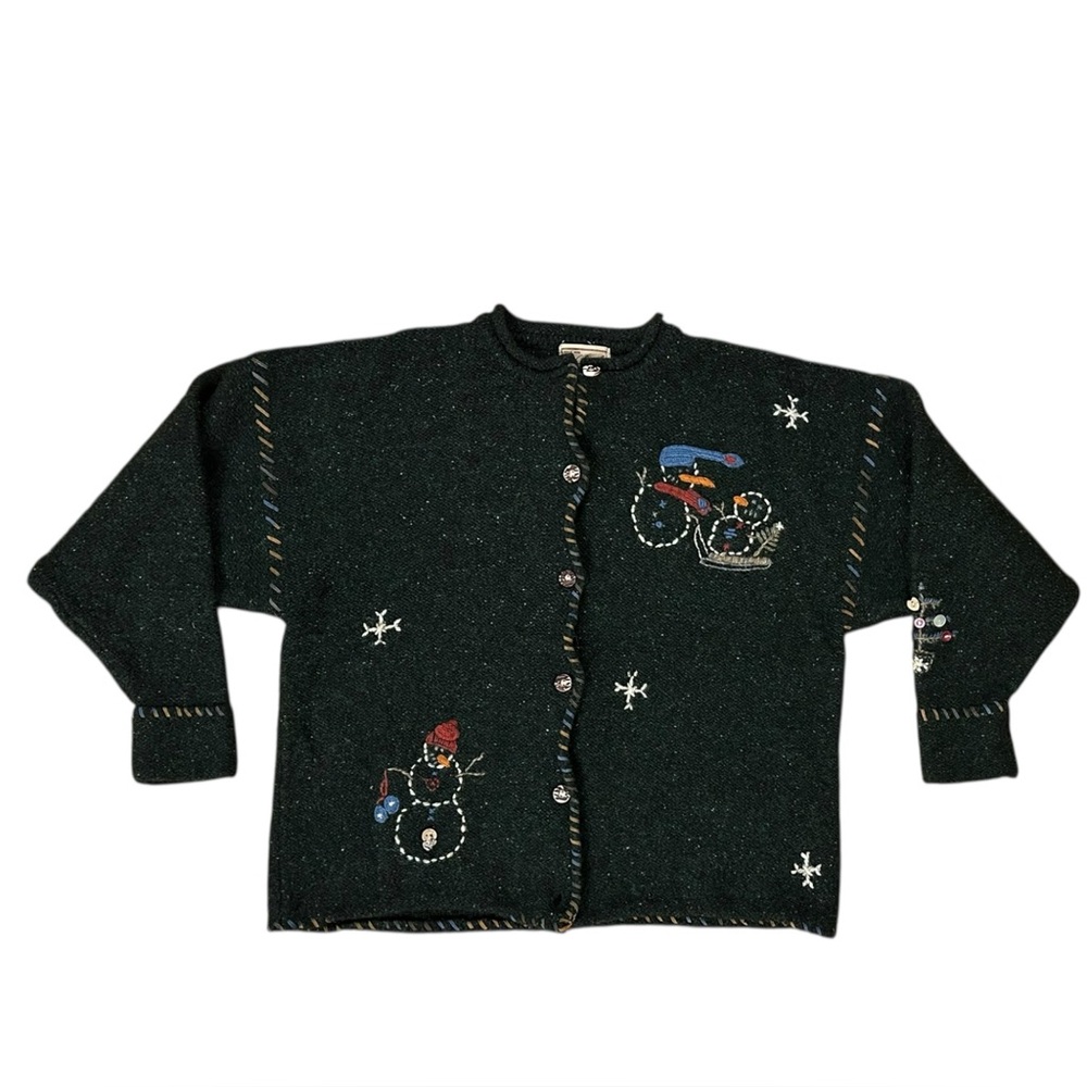 Vintage 90’s Woolrich Women’s XL 100% Wool Cardigan Embroidered Snowman Sweater